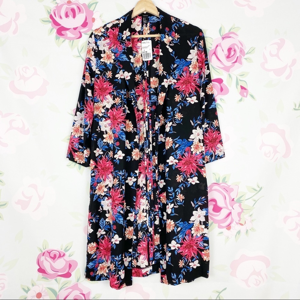 NEW Forever 21 Printed Floral Pink Blue Black Longline Duster Kimono S - Picture 1 of 6